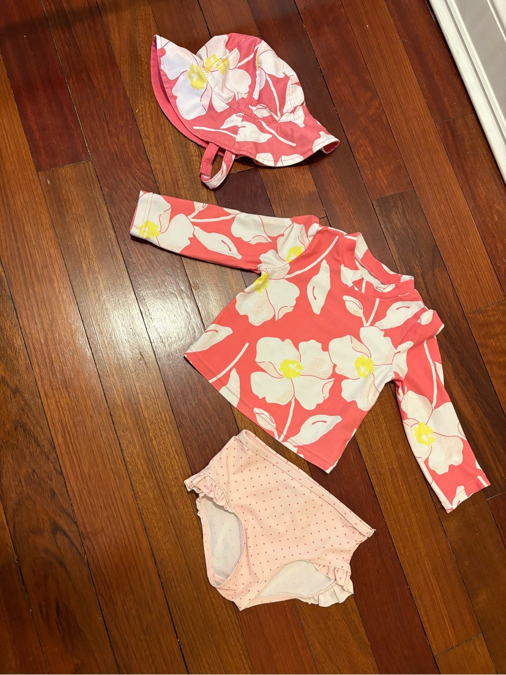 Carter's Pink and White Floral Swim Top, Bottom with Hat